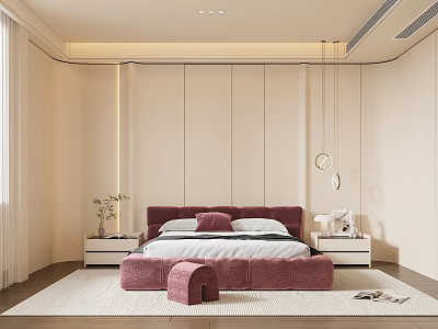 Modern Bedroom Interior With Pink Headboard White Bedding Footstool Green Plant And White Curtains 3d model