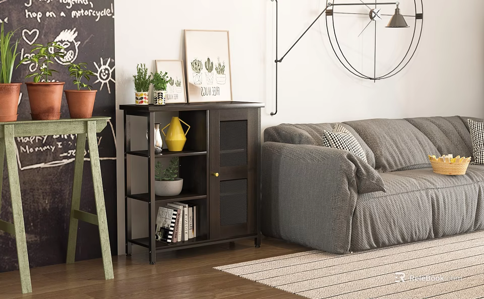 Stylish Entryway Side Cabinet With Yellow Jug Potted Plants Books And Decorative Paintings 3d model 