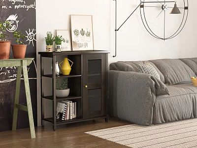 Stylish Entryway Side Cabinet With Yellow Jug Potted Plants Books And Decorative Paintings 3d model