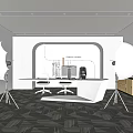 Modern Public Office Space With Green Wall White Circular Fixtures And Gray Geometric Carpet