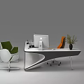 Modern Office Desk With White Surface Three Chairs Computer Monitor Potted Plant And Lamp