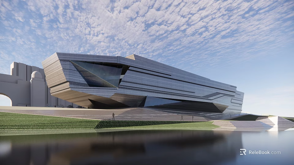 Modern Museum Building With Geometric Structure Glass Facade And Waterfront Grassy Area Under Cloudy Sky 3d model 