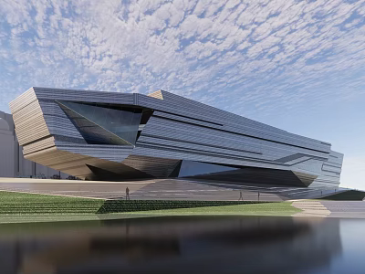 Modern Museum Building With Geometric Structure Glass Facade And Waterfront Grassy Area Under Cloudy Sky 3d model