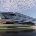Modern Museum Building With Geometric Structure Glass Facade And Waterfront Grassy Area Under Cloudy Sky