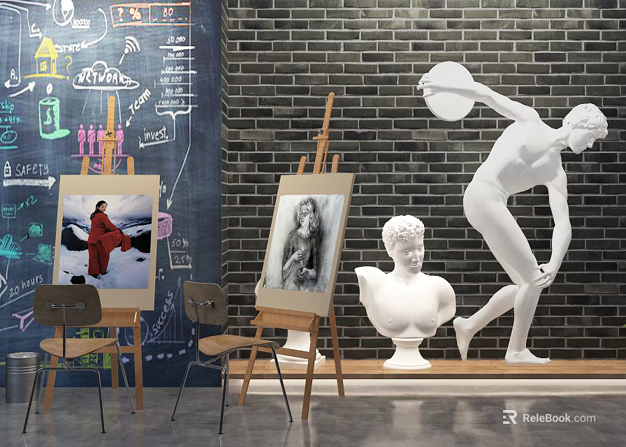 Art Supplies Studio Display With Easels Paintings Plaster Statues And Brick Wall 3d model 