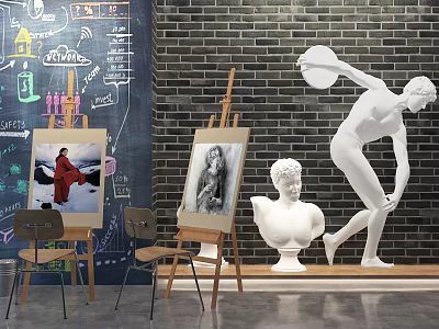 Art Supplies Studio Display With Easels Paintings Plaster Statues And Brick Wall 3d model