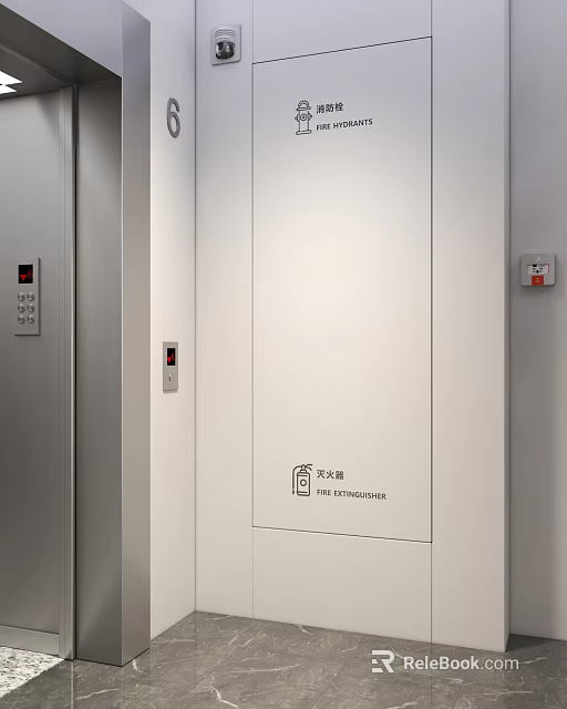 Modern White Fire Hydrant Cabinet In Building Interior With Safety Signage And Wall Mounted Design 3d model 