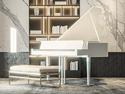Elegant Modern Piano Room Interior With White Grand Piano Bench Lit Bookshelves And Marble Walls 3d model