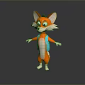 3D Animated Cartoon Fox Game Movie Character With Orange Fur And Blue Vest
