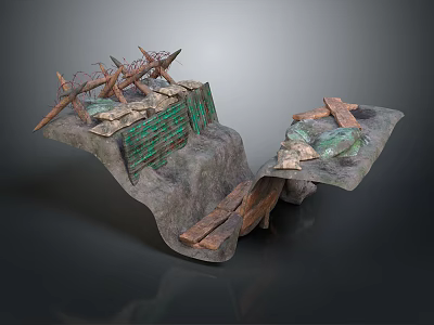 Detailed Terrain Model With Broken Wooden Structures Green Fence And Scattered Stones 3d model