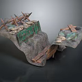 Detailed Terrain Model With Broken Wooden Structures Green Fence And Scattered Stones