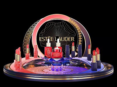 Estee Lauder Window Display With Lipsticks Skincare Bottles And Circular Frame Lighting Effects 3d model