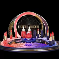 Estee Lauder Window Display With Lipsticks Skincare Bottles And Circular Frame Lighting Effects