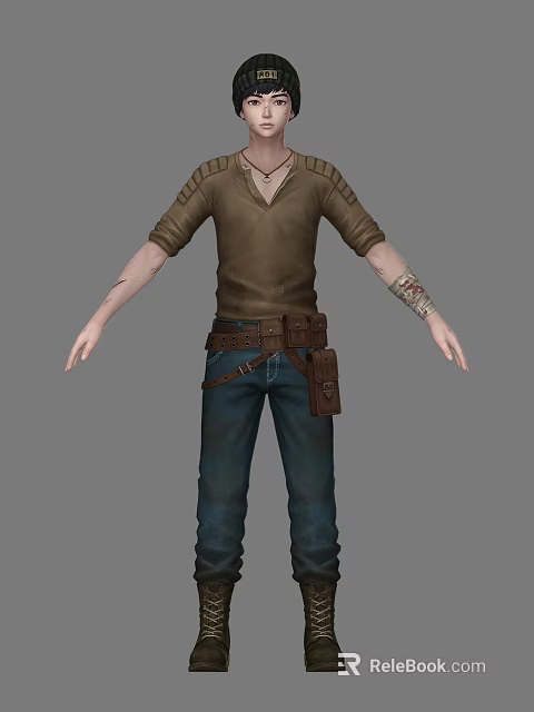 Man in Brown Shirt Rolled-Up Sleeves Blue Jeans Brown Belt Utility Pouch and Arm Bandage 3d model 
