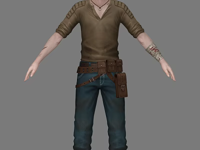 Man in Brown Shirt Rolled-Up Sleeves Blue Jeans Brown Belt Utility Pouch and Arm Bandage 3d model