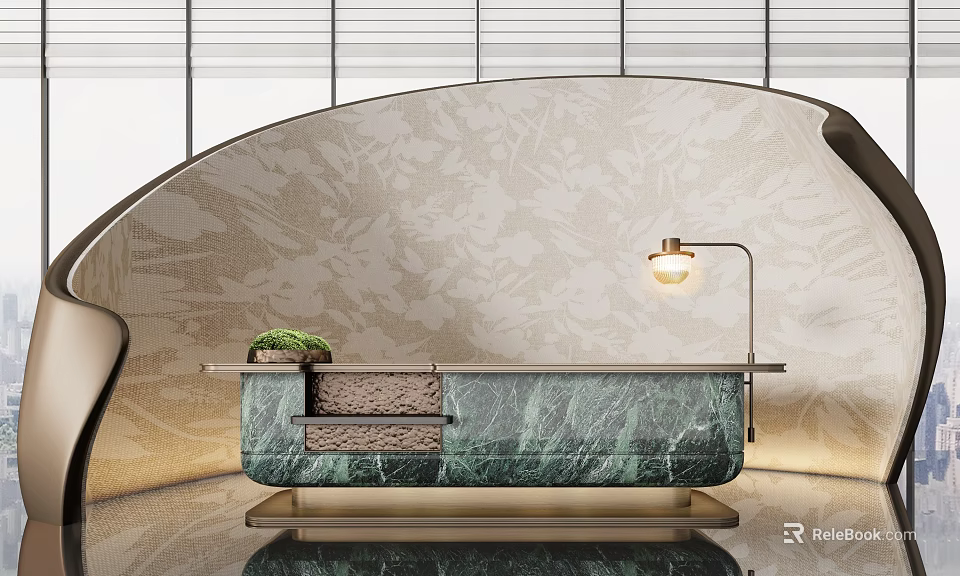 Modern Reception Desk With Green Marble Countertop Golden Metal Frame Table Lamp And Potted Plant 3d model 
