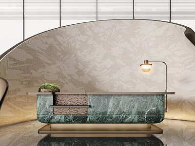Modern Reception Desk With Green Marble Countertop Golden Metal Frame Table Lamp And Potted Plant 3d model