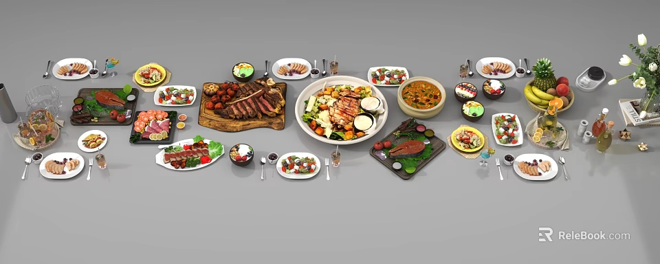 Delicious Assorted Food Including Steak Salad Soup Sushi Grilled Meat Vegetables On Plates With Utensils 3d model 