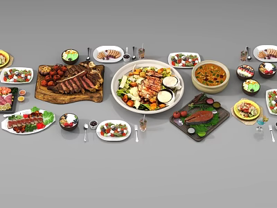Delicious Assorted Food Including Steak Salad Soup Sushi Grilled Meat Vegetables On Plates With Utensils 3d model