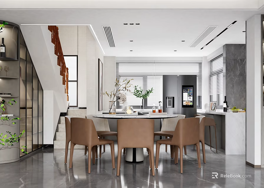Modern Living And Dining Room Interior With Round Table Brown Chairs And Decorative Plants 3d model 