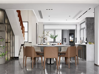 Modern Living And Dining Room Interior With Round Table Brown Chairs And Decorative Plants 3d model