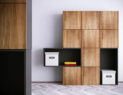 Modern Wooden Storage Cabinet Rack With Cube Design Open Compartments And White Storage Boxes 3d model