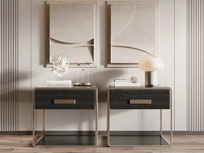 Two Modern Bedside Tables With Metal Legs And Decorative Lamps On Striped Wall 3d model