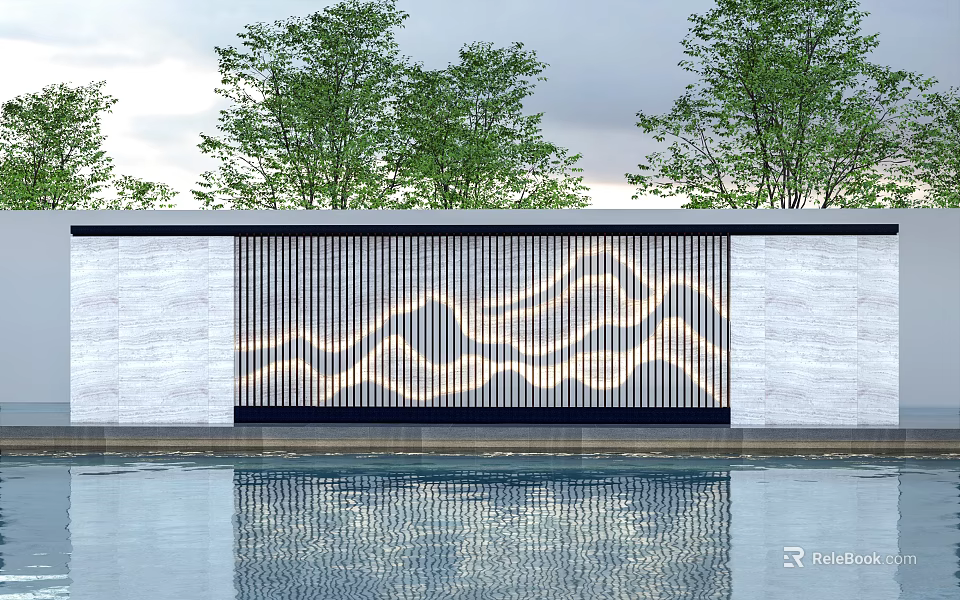 Illuminated Slatted Feature Wall With Wave Pattern And Pool Water Reflection Surrounded By Trees 3d model 