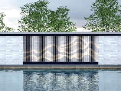 Illuminated Slatted Feature Wall With Wave Pattern And Pool Water Reflection Surrounded By Trees 3d model
