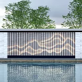 Illuminated Slatted Feature Wall With Wave Pattern And Pool Water Reflection Surrounded By Trees