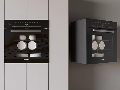 Modern Kitchen Appliances Built In And Wall Mounted Ovens In Gray Cabinets With White Plates 3d model