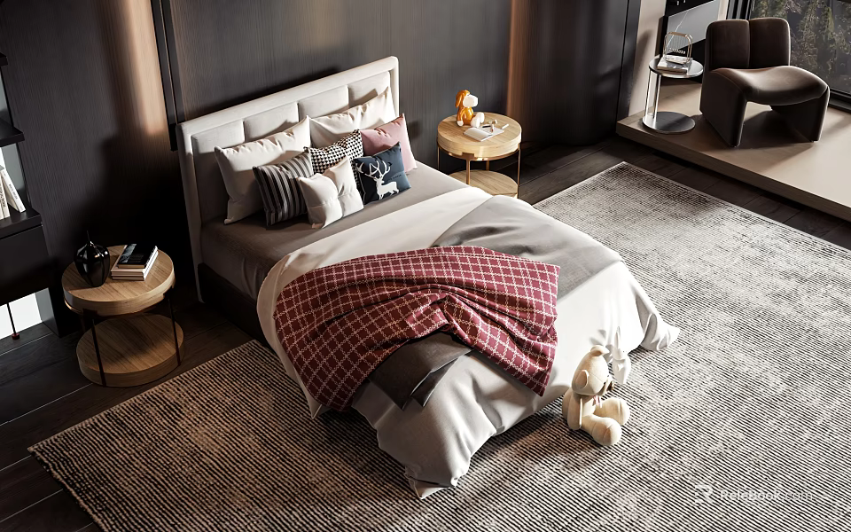 Cozy Double Bed Setup With Decorative Pillows Plaid Blanket Bedside Tables And Rug 3d model 