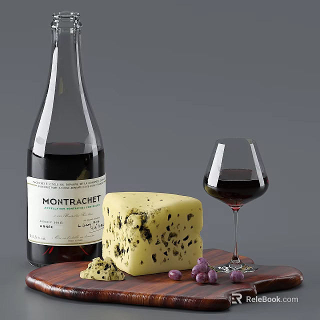 Creamy Blue Cheese with Red Wine Glass Bottle and Grapes on Wooden Platter 3d model 