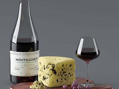 Creamy Blue Cheese with Red Wine Glass Bottle and Grapes on Wooden Platter 3d model