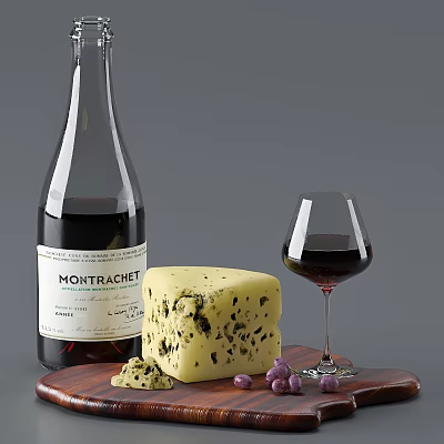 Creamy Blue Cheese with Red Wine Glass Bottle and Grapes on Wooden Platter 3d model