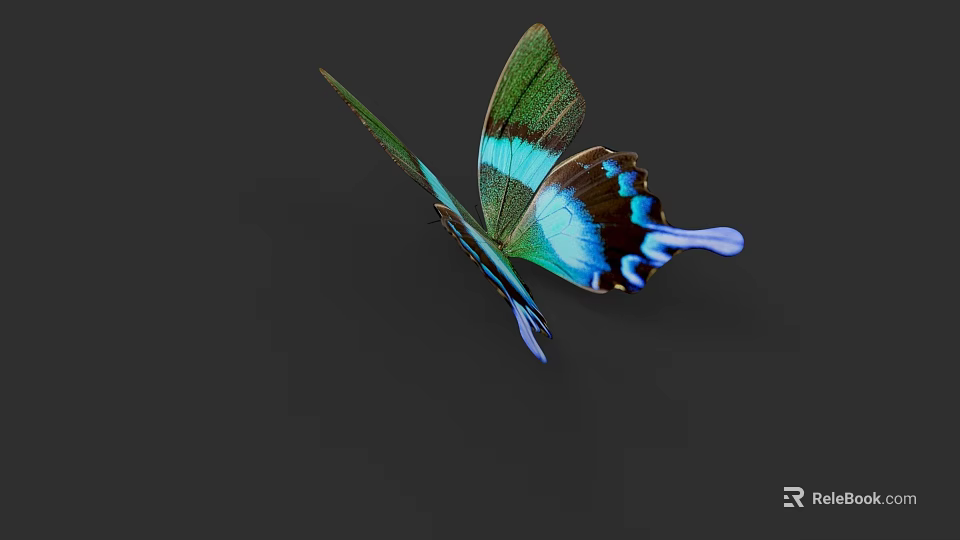 Vibrant Green Blue And Black Winged Butterfly Flying On Dark Background 3d model 