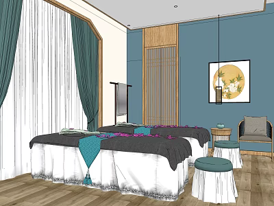 SPA Sauna Interior Design With Massage Beds Green Curtains And Decorative Painting 3d model