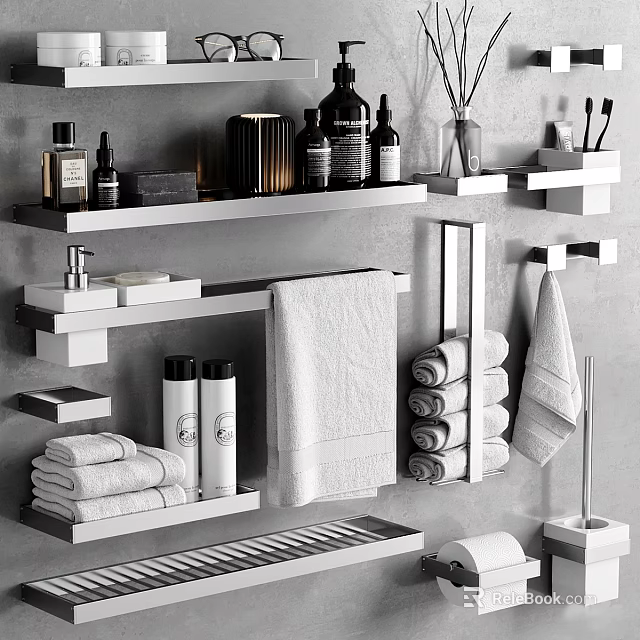 Luxury Bath Towels On Bathroom Shelves With Folded Towels Hanging Hooks And Toiletries 3d model 