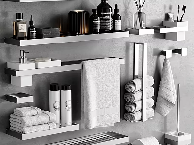 Luxury Bath Towels On Bathroom Shelves With Folded Towels Hanging Hooks And Toiletries 3d model