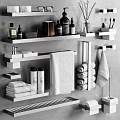 Luxury Bath Towels On Bathroom Shelves With Folded Towels Hanging Hooks And Toiletries