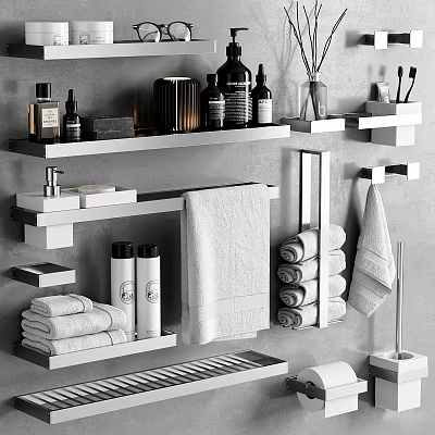 Luxury Bath Towels On Bathroom Shelves With Folded Towels Hanging Hooks And Toiletries 3d model