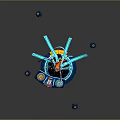 Futuristic Game Movie Character with Orange Hair Black Outfit Blue Glowing Aura Floating Console Dice