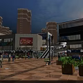 Modern Commercial Street Plaza with High Rise Buildings Large Screens Escalators Pedestrians and Green Plants