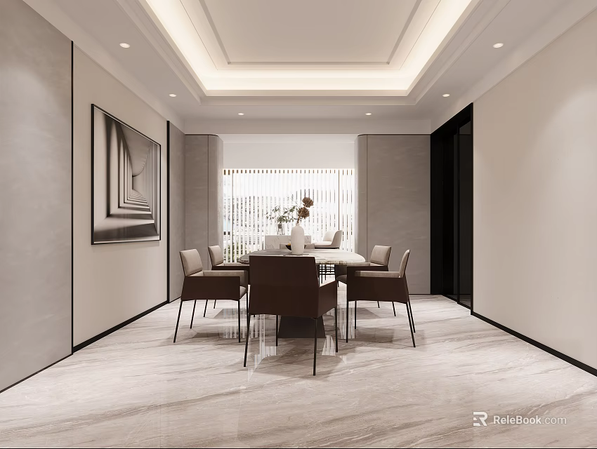 Modern Restaurant Interior Featuring Spacious Dining Table Chairs And Marble Floor 3d model 