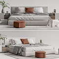 Modern Double Bed Interior With Gray Frame Pillows Bedside Tables Stool And Decorative Elements 3d model