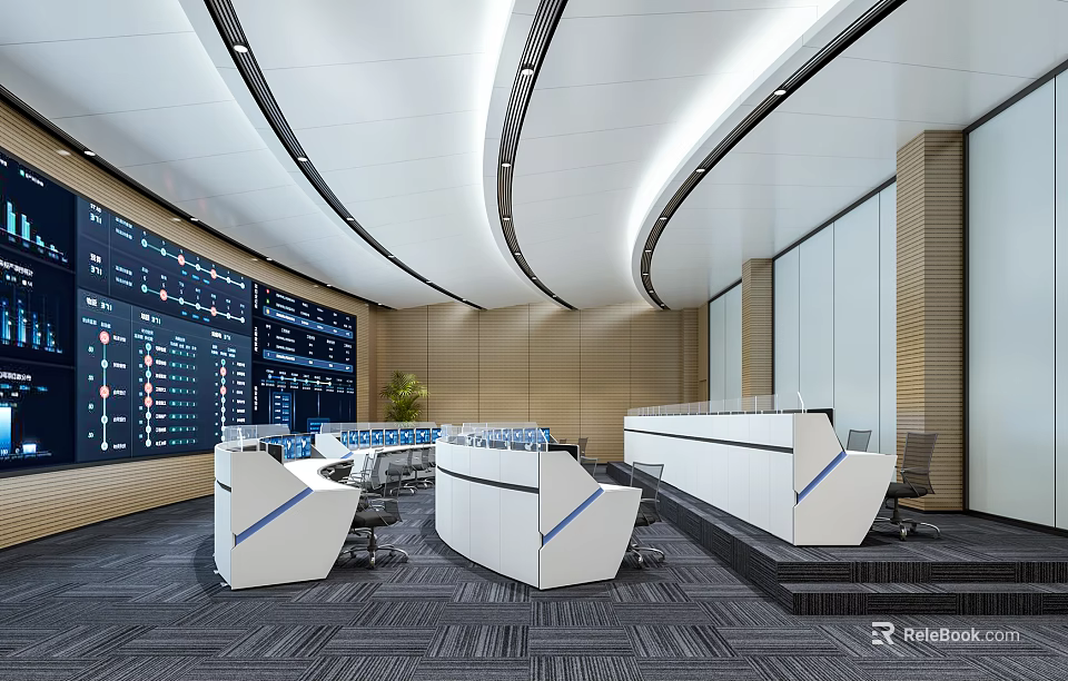 Modern Control Room With Large Data Display Screens And Curved Ceiling Design 3d model 