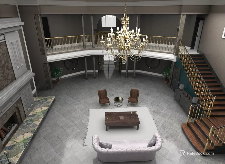 Luxurious Hall Interior With Chandelier Double Staircase Sofa Armchairs And Marble Floor 3d model 