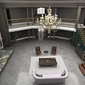 Luxurious Hall Interior With Chandelier Double Staircase Sofa Armchairs And Marble Floor