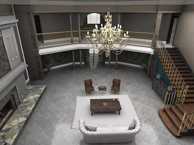 Luxurious Hall Interior With Chandelier Double Staircase Sofa Armchairs And Marble Floor 3d model