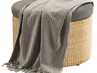 Round Woven Stool With Gray Padded Seat And Draped Blanket 3d model